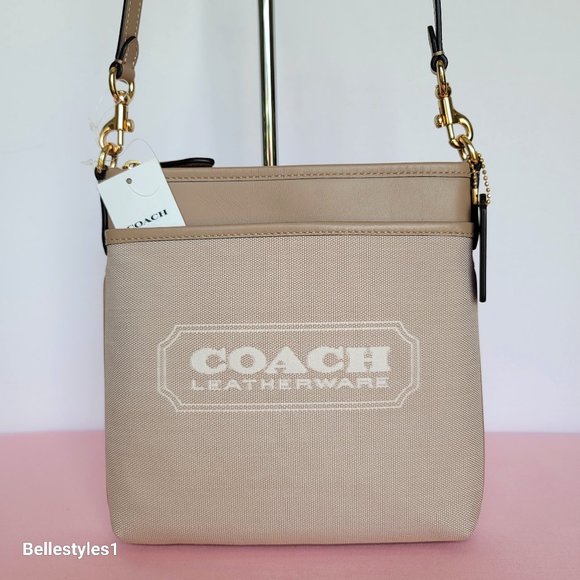 COACH Kitt Badge Jacquard & Smooth Leather Crossbody- Chalk Taupe ⭐ - Picture 1 of 15
